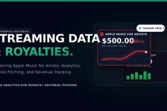 An abstract SaaS analytics dashboard comparing Apple Music for Artists royalty data in glowing red against Spotify payout data in green, illustrating streaming music data analytics and revenue tracking.