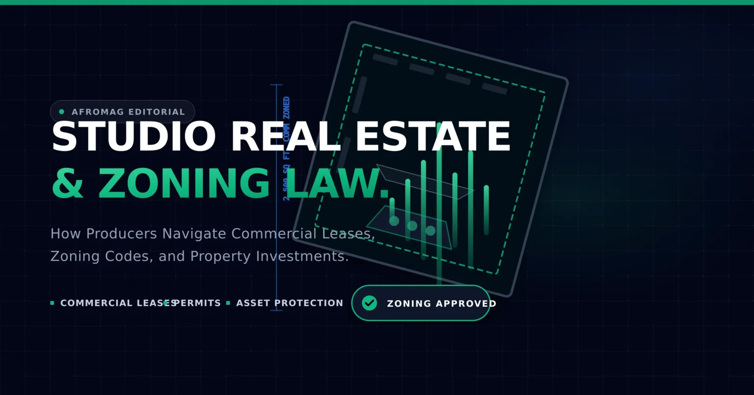 An abstract architectural blueprint of a commercial recording studio intersecting with a glowing green audio wave and a "Zoning Approved" legal badge, illustrating commercial real estate and zoning law.