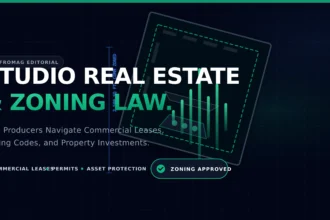 An abstract architectural blueprint of a commercial recording studio intersecting with a glowing green audio wave and a "Zoning Approved" legal badge, illustrating commercial real estate and zoning law.