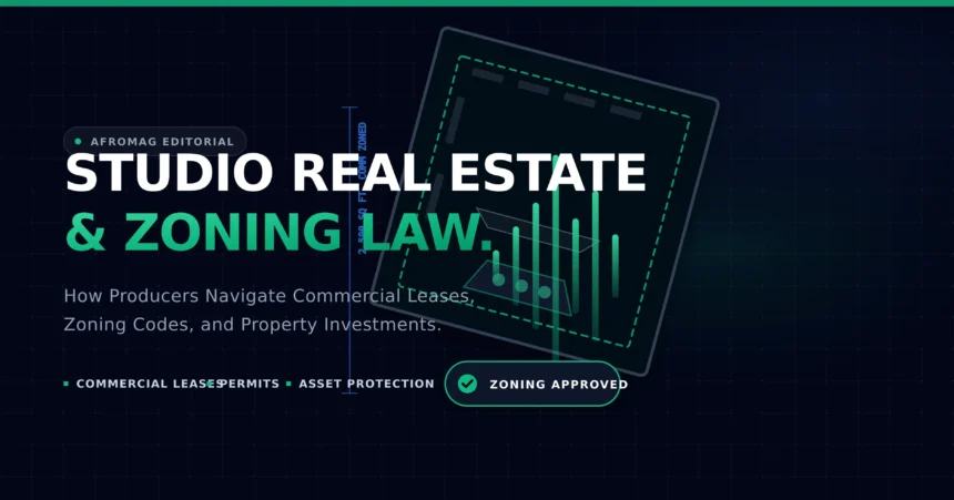 An abstract architectural blueprint of a commercial recording studio intersecting with a glowing green audio wave and a "Zoning Approved" legal badge, illustrating commercial real estate and zoning law.
