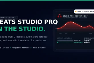 An abstract digital audio workstation interface analyzing the acoustic frequency response and zero-latency USB-C lossless audio capabilities of the Beats Studio Pro headphones.