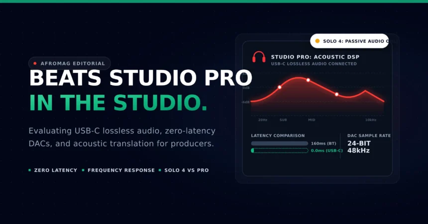 An abstract digital audio workstation interface analyzing the acoustic frequency response and zero-latency USB-C lossless audio capabilities of the Beats Studio Pro headphones.