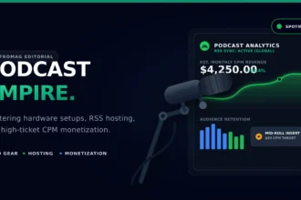 An abstract digital workspace showing a professional broadcast microphone overlapping a podcast hosting dashboard that tracks monthly downloads, RSS distribution syncs, and host-read CPM ad revenue.