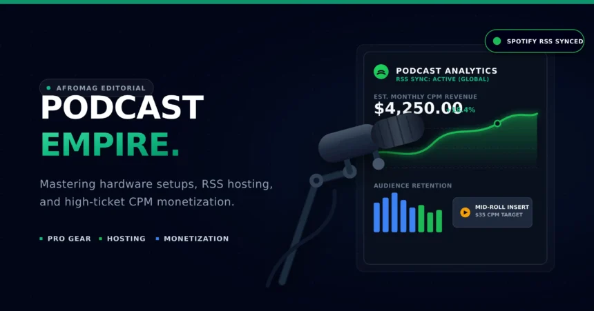 An abstract digital workspace showing a professional broadcast microphone overlapping a podcast hosting dashboard that tracks monthly downloads, RSS distribution syncs, and host-read CPM ad revenue.