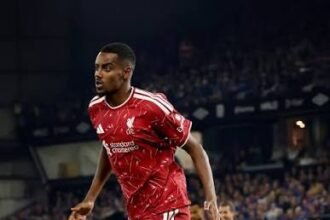 Alexander Isak celebrating his goal during the Ipswich Town vs Liverpool Premier League match at Portman Road.
