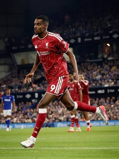 Alexander Isak celebrating his goal during the Ipswich Town vs Liverpool Premier League match at Portman Road.