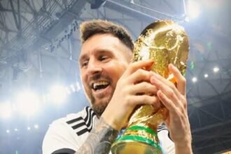 Lionel Messi lifting the World Cup trophy for Argentina