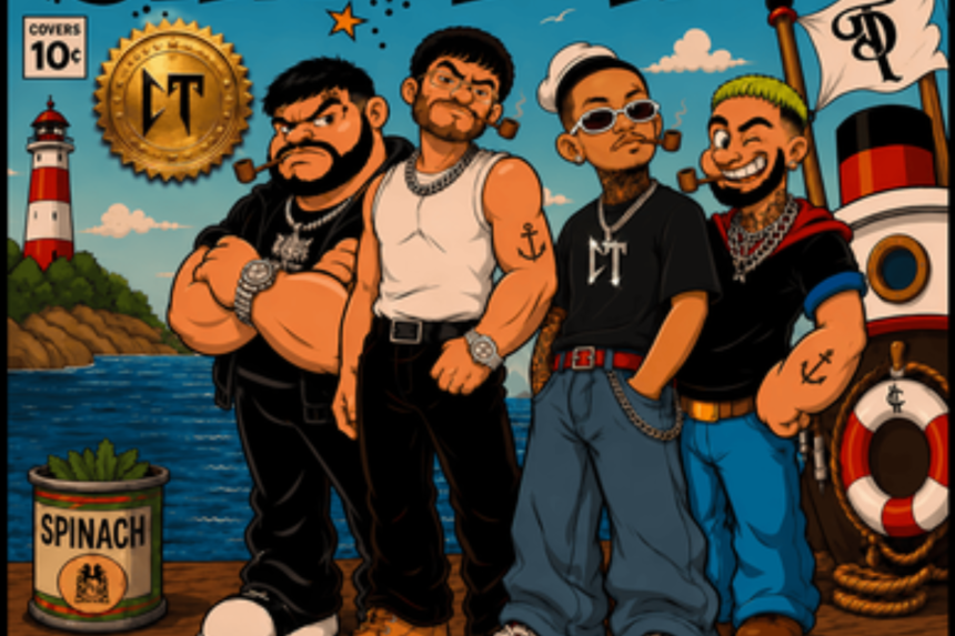 Natanael Cano performing in the official music video for OLIVIA LA FLAKA with Tito Double P, Victor Mendivil, and Ovi