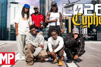 Stage view of the AMP Freshman Cypher 2026 featuring Agent 00, Chrisnxtdoor, ImDavisss, Duke Dennis, JustFanum and Kai Cenat performing together