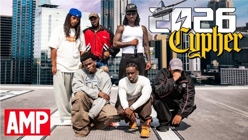Stage view of the AMP Freshman Cypher 2026 featuring Agent 00, Chrisnxtdoor, ImDavisss, Duke Dennis, JustFanum and Kai Cenat performing together