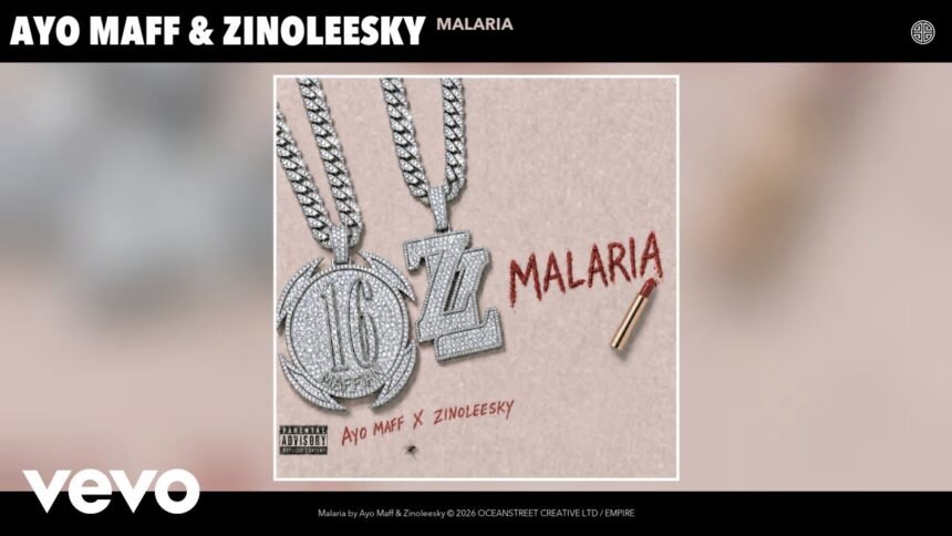 Ayo Maff and Zinoleesky stand side by side on stage while performing their single Malaria, wearing casual street clothing.