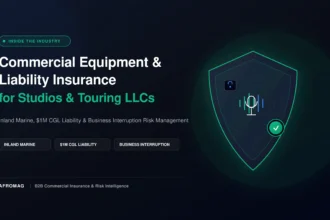 A protective security shield over studio recording gear representing commercial equipment and liability insurance for studios and touring LLCs.