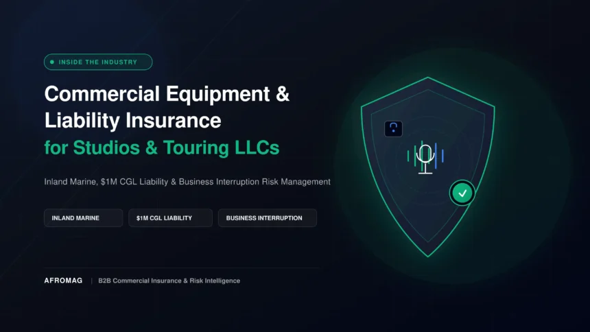 A protective security shield over studio recording gear representing commercial equipment and liability insurance for studios and touring LLCs.