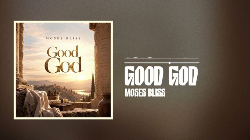 Moses Bliss singing the song Good God on stage, wearing a white shirt with a cheering crowd behind him.