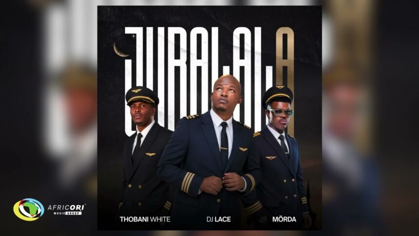 DJ Lace, MÖRDA and Thobani White on stage performing their song Jubalala, with bright lights and a crowd watching