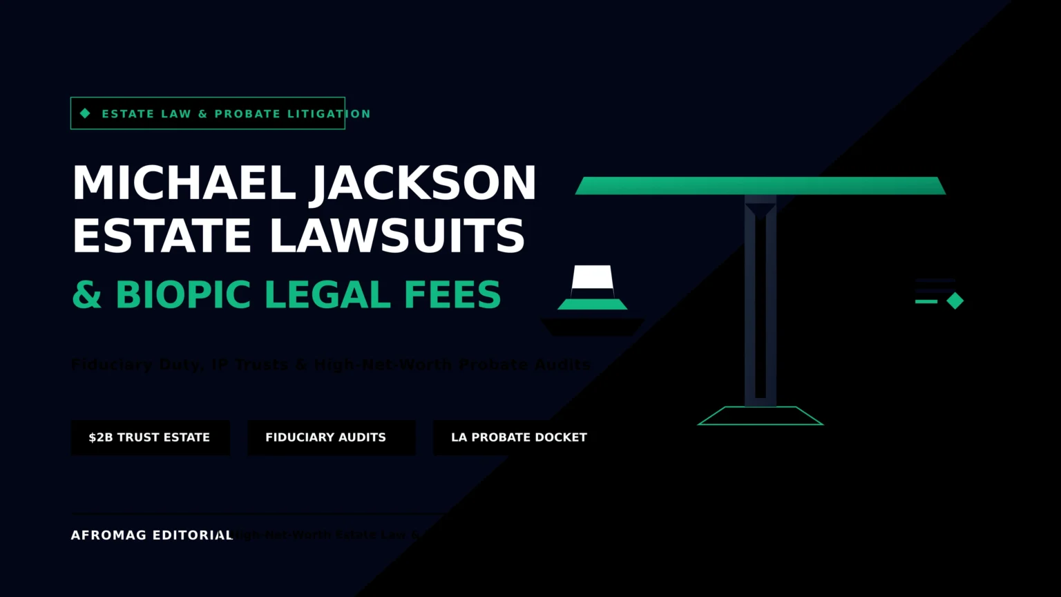 A sharp geometric balance scale weighing an iconic stylized fedora silhouette against an intellectual property trust document, symbolizing high-net-worth estate litigation.
