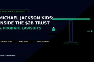 A sharp geometric balance scale holding an asset lock and a revocable living trust document, symbolizing high-net-worth estate planning and probate litigation.