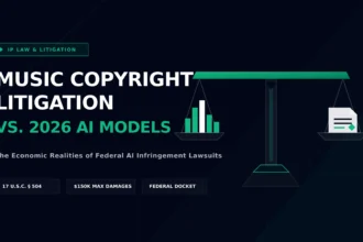 Geometric scales of justice weighing a digital music waveform against a legal AI document, representing federal music copyright litigation.