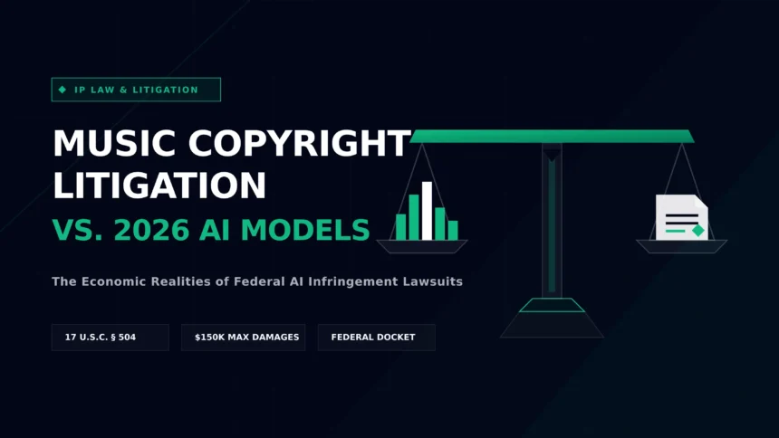 Geometric scales of justice weighing a digital music waveform against a legal AI document, representing federal music copyright litigation.
