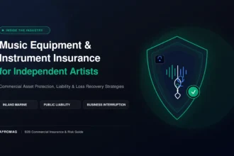 Protective shield over audio gear representing commercial instrument and equipment insurance for independent artists.