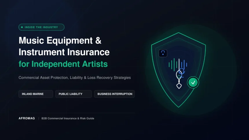 Protective shield over audio gear representing commercial instrument and equipment insurance for independent artists.