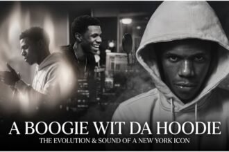 A Boogie wit da Hoodie standing on stage with a microphone, wearing a hoodie, during a concert in New York City.