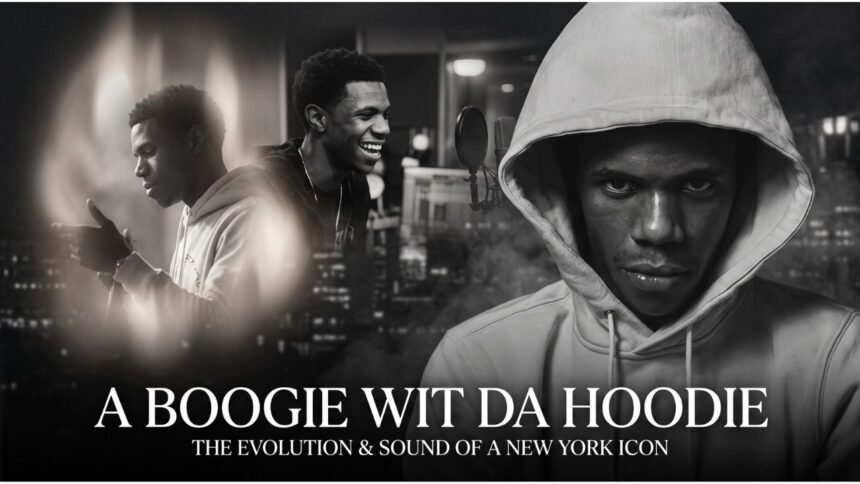 A Boogie wit da Hoodie standing on stage with a microphone, wearing a hoodie, during a concert in New York City.