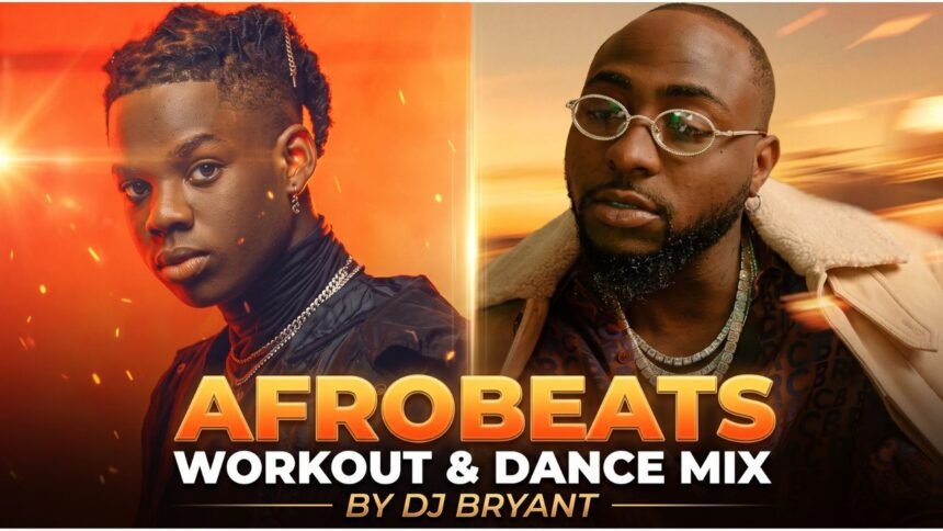 DJ Bryant performing a live set of the Afrobeats Workout & Dance Mix, surrounded by colorful lights and a crowd exercising