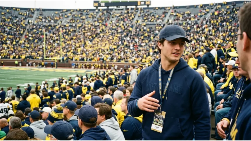 CJ Carr sitting in the stands at Michigan Stadium during the Indiana vs Michigan game.