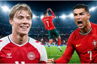 Denmark and Portugal football teams competing in the UEFA Nations League match on October 1, 2024.