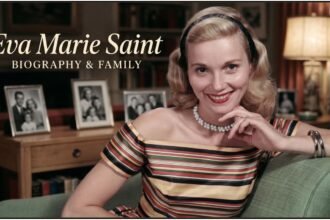 Eva Marie Saint wearing a 1950s dress, looking toward the camera on the set of North by Northwest