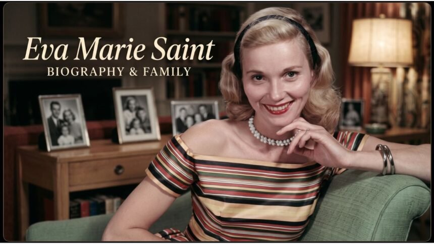 Eva Marie Saint wearing a 1950s dress, looking toward the camera on the set of North by Northwest