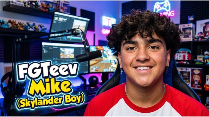 FGTeeV Mike, also called Skylander Boy, standing in front of a gaming backdrop with a bright smile.