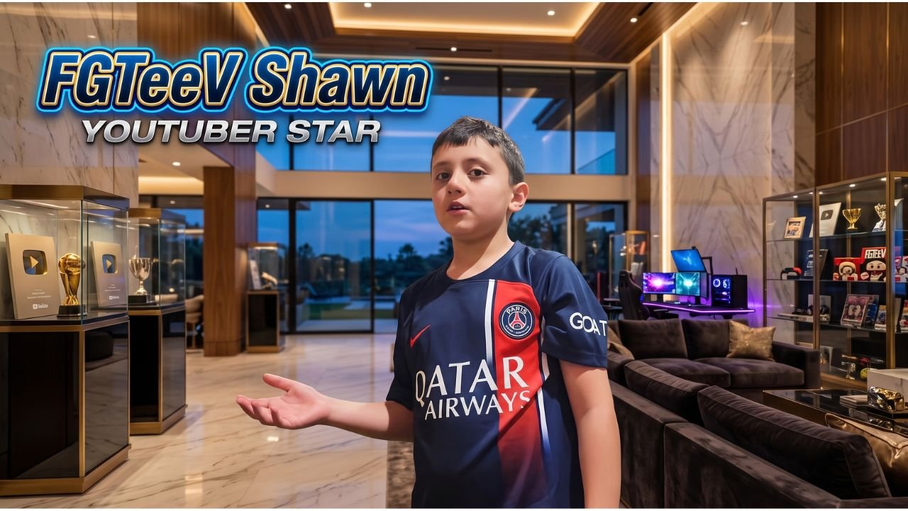 Young YouTube star Shawn Ryan of FGTeeV smiling while holding a toy in a colorful studio setting