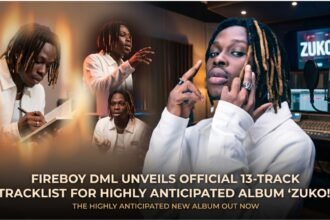 Fireboy DML standing in a studio with the ZUKO! album artwork behind him