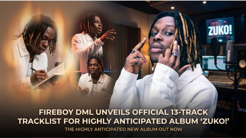 Fireboy DML standing in a studio with the ZUKO! album artwork behind him