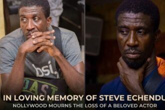 Portrait of Nollywood actor Steven Echendu, smiling during a film set, with a subtle background of movie equipment