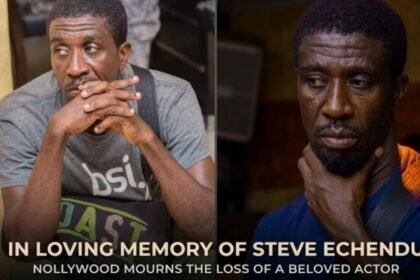 Portrait of Nollywood actor Steven Echendu, smiling during a film set, with a subtle background of movie equipment