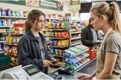 Young employee with a blank, unresponsive gaze, illustrating the Gen Z stare phenomenon in a retail setting.