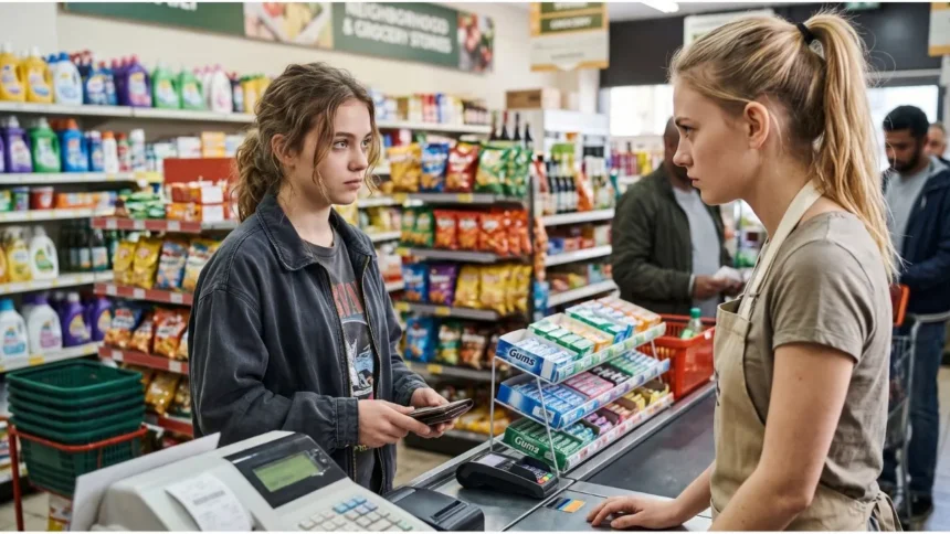 Young employee with a blank, unresponsive gaze, illustrating the Gen Z stare phenomenon in a retail setting.