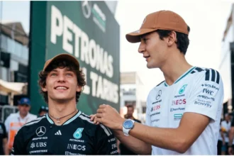 George Russell and Kimi Antonelli smiling during a fan forum in Austin