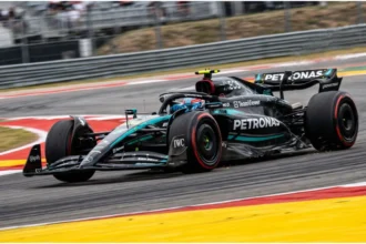 Mercedes driver Kimi Antonelli navigating a turn during US GP qualifying in Austin