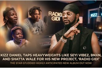 Kizz Daniel wearing a necklace with the Radio Gidi logo, standing in a studio with colorful lighting.