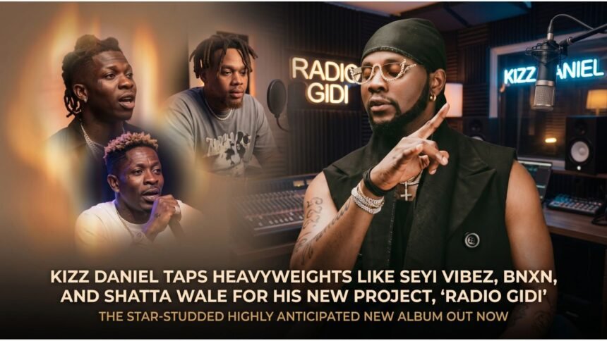 Kizz Daniel wearing a necklace with the Radio Gidi logo, standing in a studio with colorful lighting.
