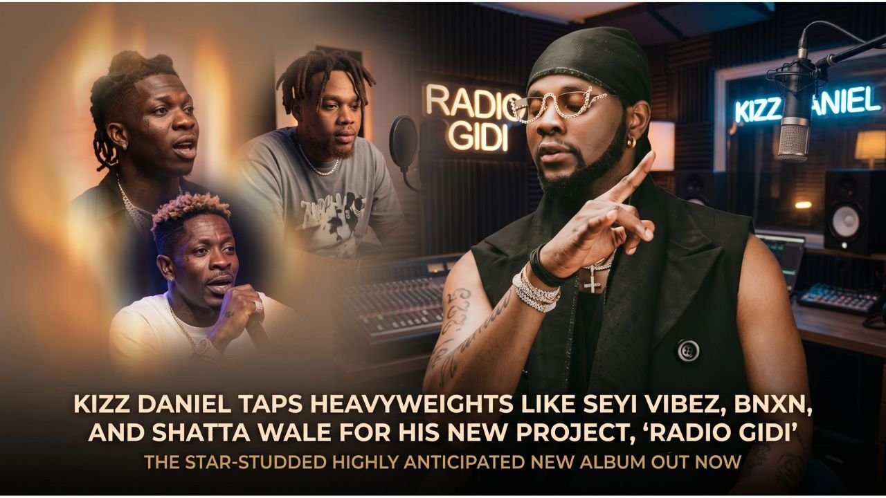 Kizz Daniel wearing a necklace with the Radio Gidi logo, standing in a studio with colorful lighting.