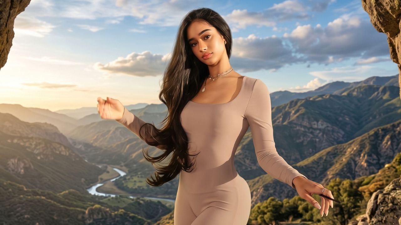 Lala Baptiste smiling in a stylish outfit while posing at a fashion event