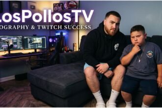 LosPollosTV, a Twitch streamer, shown live on his computer with gaming setup and chat overlay