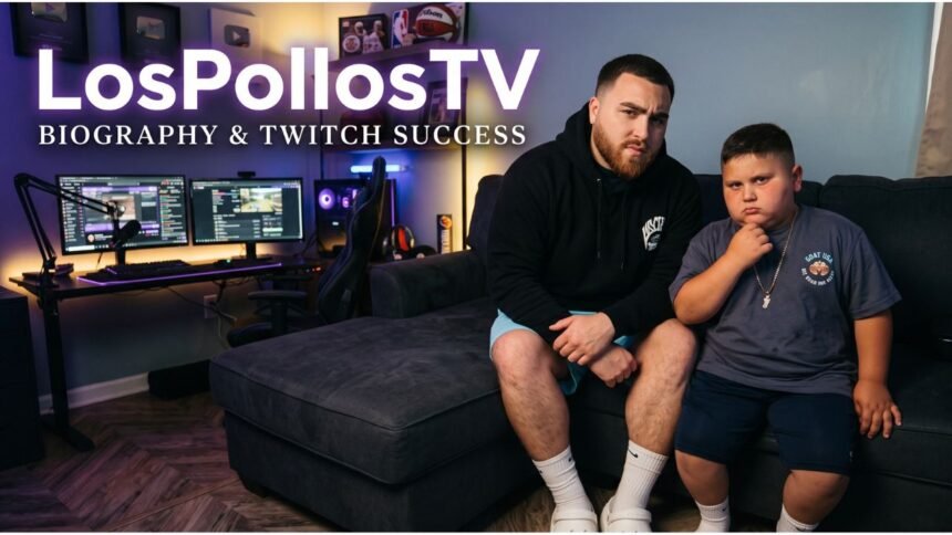 LosPollosTV, a Twitch streamer, shown live on his computer with gaming setup and chat overlay