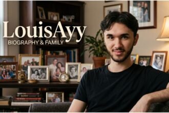 Portrait of LouisAyy, a young white male YouTuber with short hair, wearing a casual shirt, standing in a studio with a family portrait setup behind him