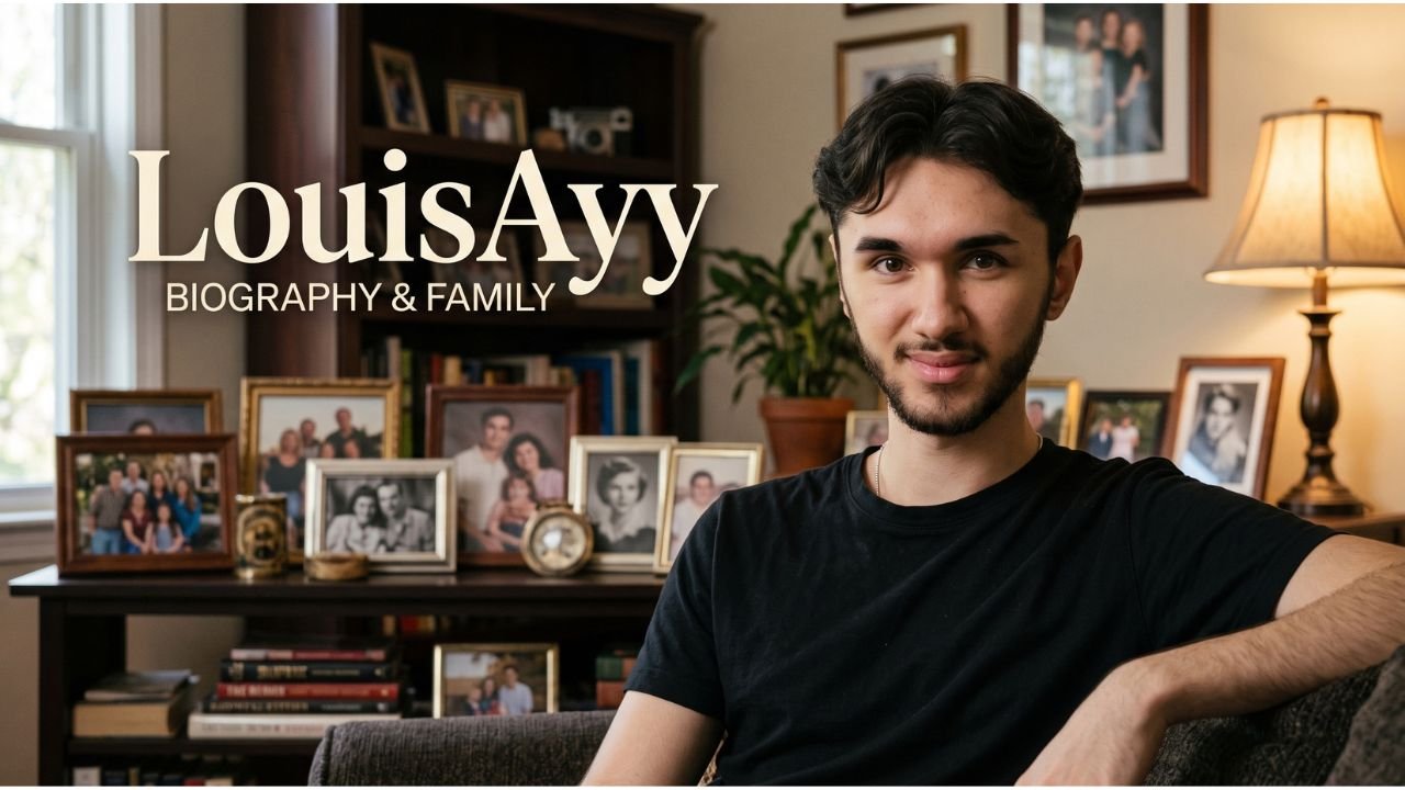 Portrait of LouisAyy, a young white male YouTuber with short hair, wearing a casual shirt, standing in a studio with a family portrait setup behind him
